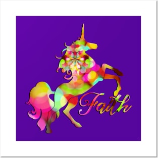 Rearing Unicorn Faith - Bokeh Dots Colored Posters and Art